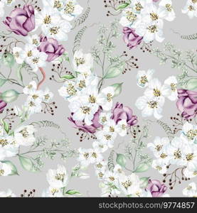 Flower cherry  blossom, tulips and leaves. Floral seamless pattern. Watercolor. Flower cherry  blossom, tulips and leaves. Floral seamless pattern. 