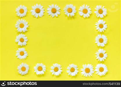 Flower composition. Frame floral rectangle wreath of flowers chamomile on yellow background. Flat lay Crearive top view. Top-down composition. Copy space Mock up Template for postcard, lettering text or your design.. Flower composition. Frame floral rectangle wreath of flowers chamomile. Flat lay Crearive top view. Top-down composition. Copy space Mock up Template for postcard, lettering text or your design