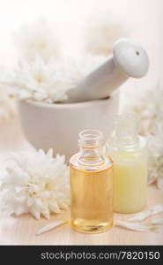 flower essential oil and mortar