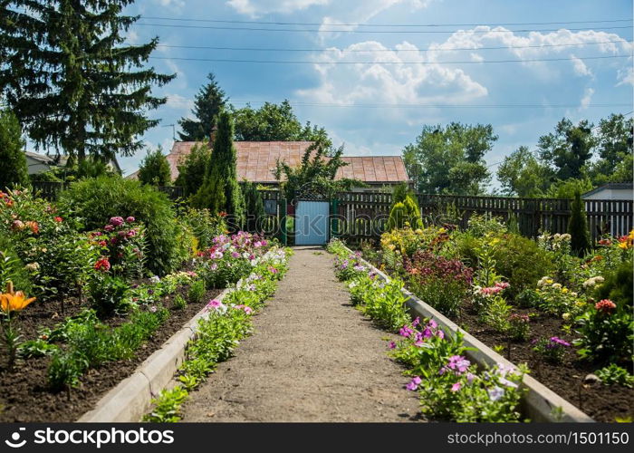 Flower garden houseHouse of a flower garden. Bushes of roses, lilies.. House of a flower garden.