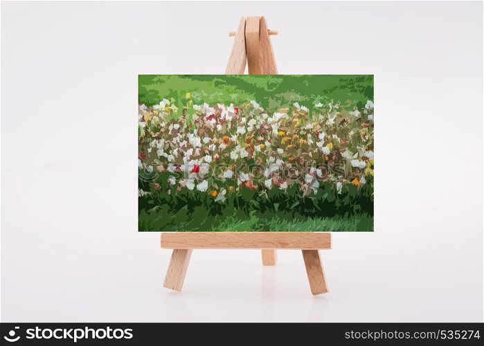 Flower garden view on a painting tripod on white background