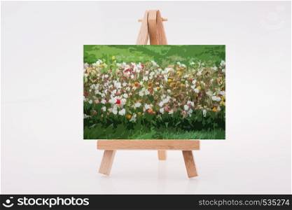 Flower garden view on a painting tripod on white background