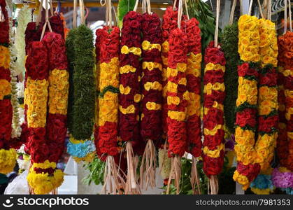 Flower garlands and basket of flower used for hinduism religion in Little India, Singapore