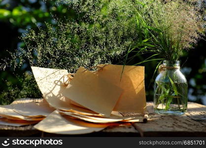 Flower grass in glass jar with note paper in wind blow at evening sun make feeling and calm, wild tiny flowers on green natural background in garden