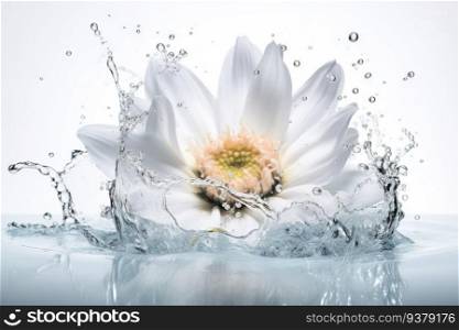 Flower in splashing water. Floral freshness concept with water drops for cosmetic, moisture and self-care packaging. Generated AI