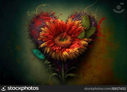 Flower inside a heart with vegetation. Love and nature concept. Generative AI