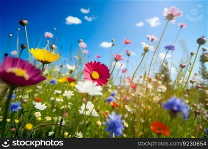 Flower Meadow in Spring with Clear Blue Sky. Generative ai. High quality illustration. Flower Meadow in Spring with Clear Blue Sky. Generative ai