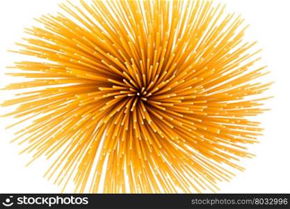Flower of whole wheat spaghetti gathered in a bunch, view from top on white