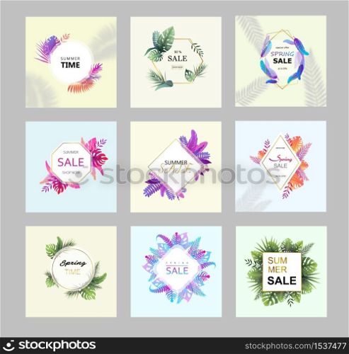 Flower sale banner set. Natural template in decorations from tropical leaves vintage color frame design decorative picture bright colors spring and summer super discount vector sale.. Flower sale banner set. Natural template in decorations from tropical leaves.