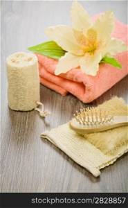 flower towel bast sponge and hairbrush