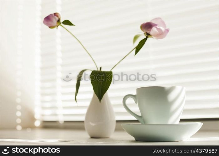 flower vas coffee cup with saucer near window blind
