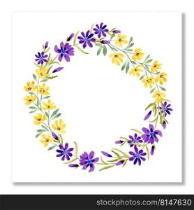 Flower wreath. Watercolor wreath with flowers chicory and wild yellow flowers. Beautiful invitation, greeting card isolated on white. Mothers and valentines day card. Blank template. Flower wreath. Watercolor wreath with flowers chicory and wild yellow flowers. Beautiful invitation, greeting card isolated on white. Mothers and valentines day card. Blank template.