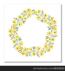 Flower wreath. Watercolor wreath with flowers of wild yellow flowers. Beautiful invitation, greeting card isolated on white. Mothers and valentines day card. Blank template.. Flower wreath. Watercolor wreath with flowers of wild yellow flowers. Beautiful invitation, greeting card isolated on white. Mothers and valentines day card. Blank template