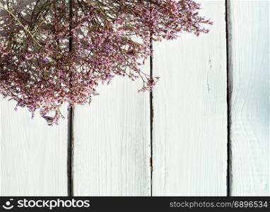 flowering branch of Limonium platyphyllum on white wooden background
