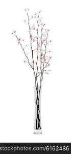 flowering tree twigs in glass vase isolated on white background. 3d illustration