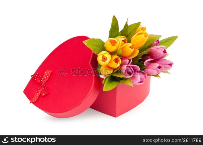 Flowers and gift box isolated on white