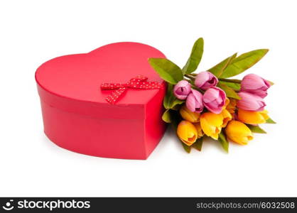 Flowers and gift box isolated on white