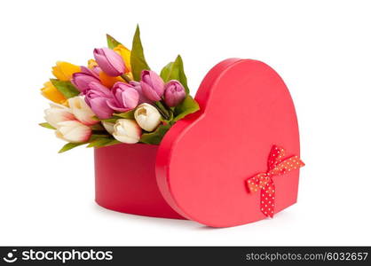 Flowers and gift box isolated on white