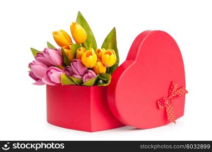 Flowers and gift box isolated on white