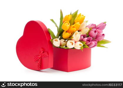 Flowers and gift box isolated on white