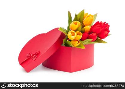 Flowers and gift box isolated on white