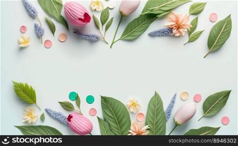 Flowers and Leaves On a White Background with Copy Space