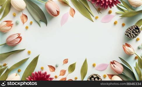 Flowers and Leaves On a White Background with Empty Space