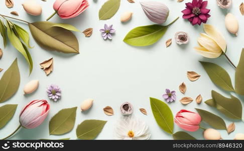 Flowers and Leaves On White Background with Copy Space