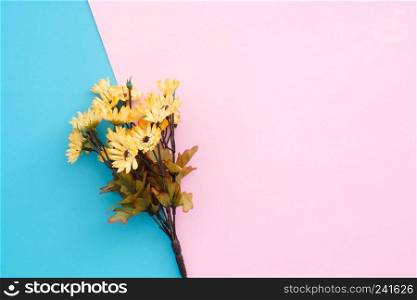 Flowers composition. Frame made of yellow flowers on blue pink color background. Valentines Day background. Top view with copy space, flat lay photography.