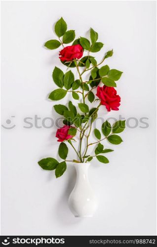 Flowers composition. Red roses and white vase on white background, flat lay. red roses and white vase on white background