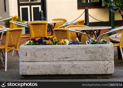 Flowers decorate outdoor cafe in the Dutch town