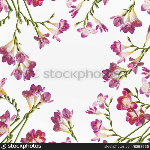 Flowers frame with purple flower petals and green curved stems at white background. Floral backdrop with circle shaped copy space. Top view.