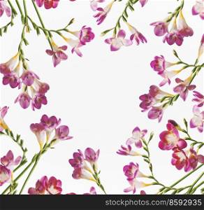 Flowers frame with purple flower petals and green curved stems at white background. Floral backdrop with circle shaped copy space. Top view.