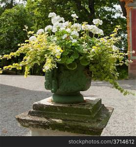 Flowers in a decorative urn at Chinese Pavilion of Drottningholm Palace, Drottningholm, Stockholm, Sweden