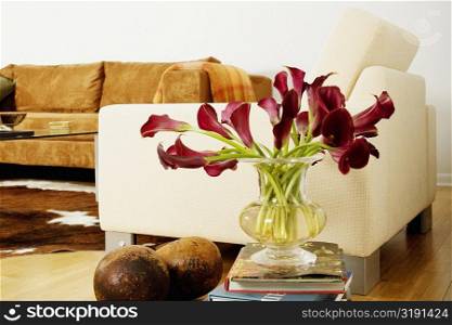 Flowers in a vase on a stack of books in a living room