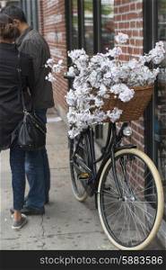 Flowers in bicycle basket, SoHo, Manhattan, New York City, New York State, USA