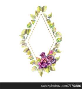 Flowers of dark roses, green leaves, composition. Diamond-shaped frame on a white background The concept of the wedding flowers. Flower poster, invitation. Watercolor compositions for the design of greeting cards or invitations. Flowers of dark roses, green leaves, composition. Diamond-shaped frame on a white background. The concept of the wedding flowers. Watercolor compositions for the design of greeting cards or invitations.
