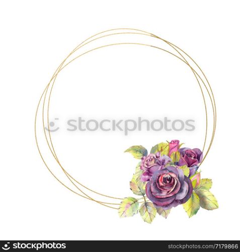 Flowers of dark roses, green leaves, composition in a geometric Golden frame. The concept of the wedding flowers. Round frame. Flower poster, invitation. Watercolor compositions for the design of greeting cards or invitations. Flowers of dark roses, green leaves, composition in a geometric Golden frame. The concept of the wedding flowers. Round frame. Flower poster, invitation. Watercolor compositions for the design of greeting cards or invitations.