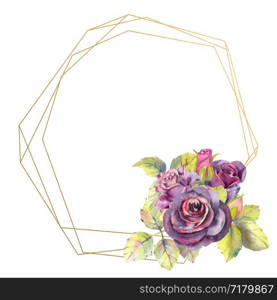 Flowers of dark roses, green leaves, composition in a geometric Golden frame . The concept of the wedding flowers. Flower poster, invitation. Watercolor compositions for the design of greeting cards or invitations. Flowers of dark roses, green leaves, composition in a geometric Golden frame . The concept of the wedding flowers. Flower poster, invitation. Watercolor compositions for the design of greeting cards or invitations.