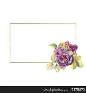Flowers of dark roses, green leaves, composition in a geometric Golden frame. The concept of the wedding flowers. Rectangular frame. Flower poster, invitation. Watercolor compositions for the design of greeting cards or invitations. Flowers of dark roses, green leaves, composition in a geometric Golden frame. The concept of the wedding flowers. Rectangular frame. Flower poster, invitation. Watercolor compositions for the design of greeting cards or invitations.