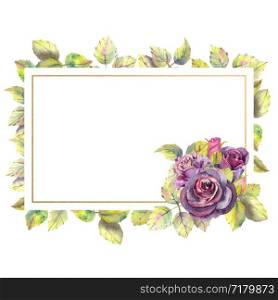 Flowers of dark roses, green leaves, composition in a geometric Golden frame. The concept of the wedding flowers. Rectangular frame. Flower poster, invitation. Watercolor compositions for the design of greeting cards or invitations. Flowers of dark roses, green leaves, composition in a geometric Golden frame. The concept of the wedding flowers. Rectangular frame. Flower poster, invitation. Watercolor compositions for the design of greeting cards or invitations.