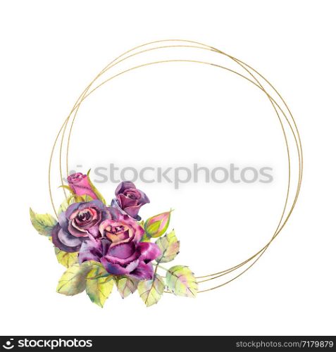 Flowers of dark roses, green leaves, composition in a geometric Golden frame. The concept of the wedding flowers. Round frame. Flower poster, invitation. Watercolor compositions for the design of greeting cards or invitations. Flowers of dark roses, green leaves, composition in a geometric Golden frame. The concept of the wedding flowers. Round frame. Flower poster, invitation. Watercolor compositions for the design of greeting cards or invitations.