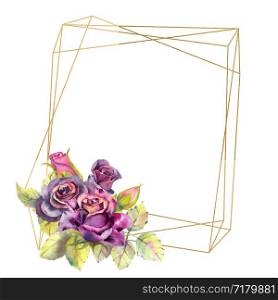 Flowers of dark roses, green leaves, composition in a geometric Golden frame . The concept of the wedding flowers. Flower poster, invitation. Watercolor compositions for the design of greeting cards or invitations. Flowers of dark roses, green leaves, composition in a geometric Golden frame . The concept of the wedding flowers. Flower poster, invitation. Watercolor compositions for the design of greeting cards or invitations.