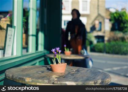 Flowers on a table in spring wih a woman in the background