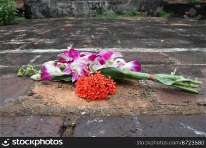 Flowers on the brick floor in Sukhotai, Thailand