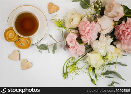 flowers tea flat lay