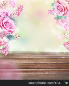 Flowers with empty wooden planks. Background.