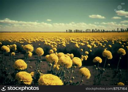 Flowers yellow field with yellow chrysanthemum in the garden and blue sky background