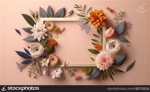 Flowery border frame with colorful flowers and little leaves, for banner, invitation, wedding card. Generative AI