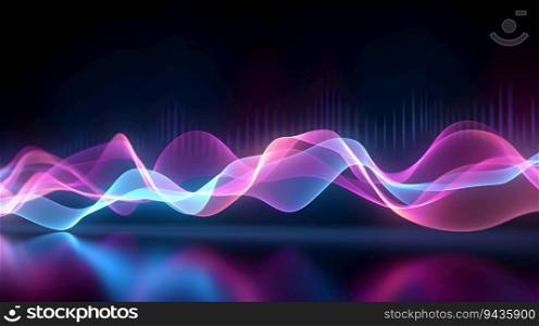 Flowing blue and pink wave line abstract background. Glowing neon light. Dynamic music equalize sound wave. Futuristic style. Music and energy in abstract background. Pulse power lines. Generative AI.